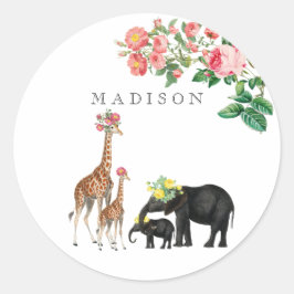 Adesivo Redondo Elephant & Giraffe Floral Nome Personalizado