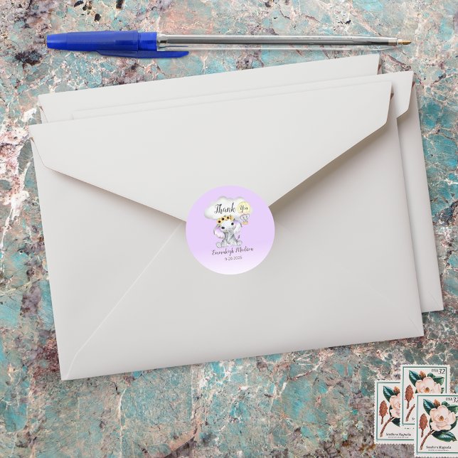 Adesivo Redondo Elephant Hot Air Balloon Purple Obrigado Por (Criador carregado)