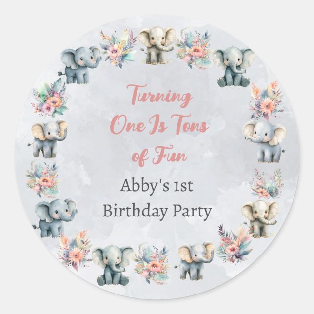 Adesivo Redondo Elephants & Boho Jungle Flowers na Cinza Sticker (Frente)