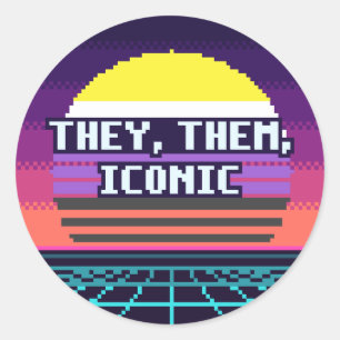 Adesivo Redondo Eles, Eles, Ícone de Orgulho Não Binário Pixel Sti