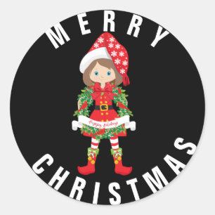 Adesivo Redondo Elf/Brunette de Natal/ com Wreath/xMas Sticker