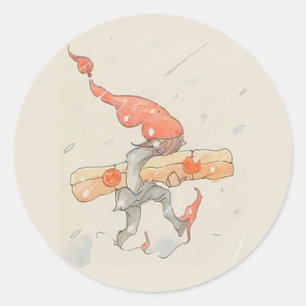 Adesivo Redondo Elf com presente de Natal, ilustração antiga