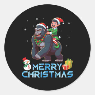 Adesivo Redondo Elf Riding Gorilla Snowman Presente Feliz Natal