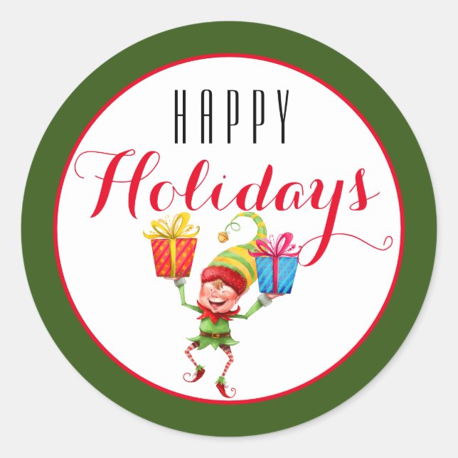 Adesivo Redondo Elfo Bonito com presentes Feliz Feriado/Verde (Frente)