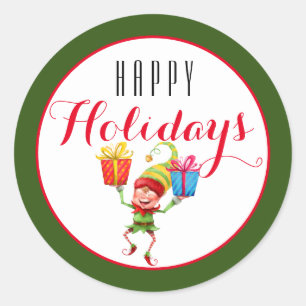 Adesivo Redondo Elfo Bonito com presentes Feliz Feriado/Verde