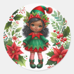 Adesivo Redondo Elfo de Natal com Pele Morena Festa de Fim de Ano