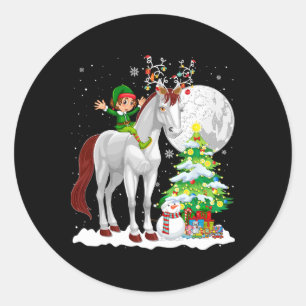 Adesivo Redondo Elfo de Natal Montando Rena Cavalo Boneco de Neve