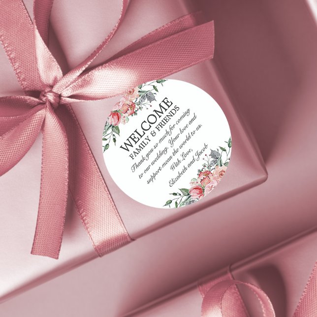 Adesivo Redondo Elizabeth Pink Floral Wedding Bag de Boas-Vindas (Criador carregado)
