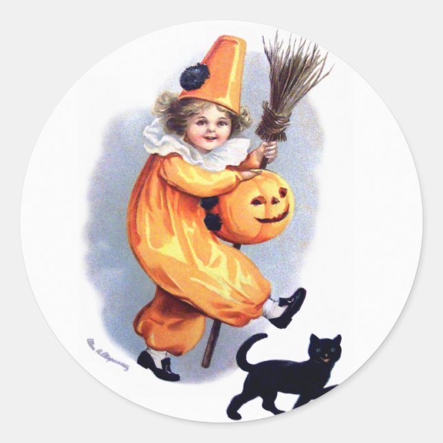 Adesivo Redondo Ellen H. Clapsaddle: Halloween Harlequin com Cat (Frente)