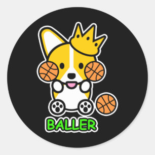 Adesivo Redondo Ello Corgi - Jogador de Basquete - Cute Welsh Corg