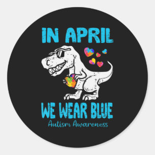 Adesivo Redondo Em abril Vestimos Azul T Rex Dinossauro Autismo Aw
