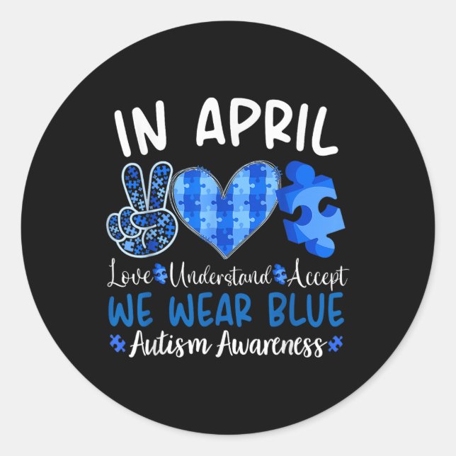 Adesivo Redondo Em abril Vestimos Homens de Consciência do Autismo (Frente)