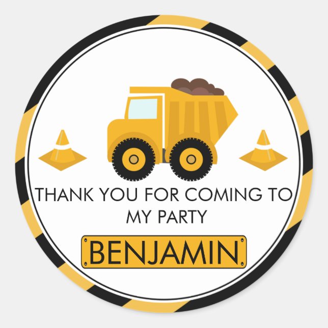 Adesivo Redondo Em Construção Caminhão de Aniversário Vinheta (Frente)