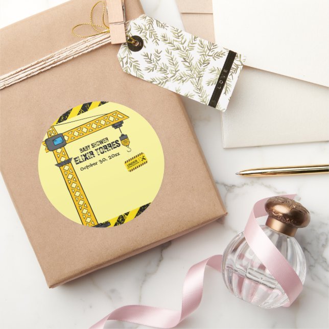 Adesivo Redondo Em Construção, Chá de fraldas de gruas torres (Presentear)