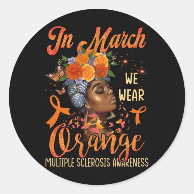 Adesivo Redondo Em Março Vestimos Esclerose Múltipla Laranja Afro (Frente)