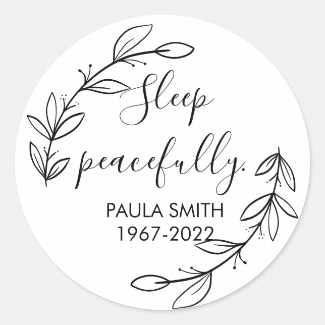 Adesivo Redondo Em Memória De. O Presente Funeral Dorme pacificame (Frente)