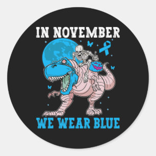 Adesivo Redondo Em novembro, Vestimos Blue Diabetes Trex Dino Kids