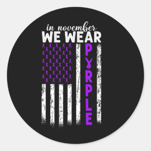 Adesivo Redondo Em novembro, Vestimos Câncer de pâncreas Roxo Usa