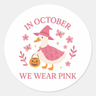 Adesivo Redondo Em Outubro Nós Usamos Rosa Ganso Bruxa Halloween