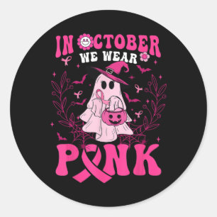 Adesivo Redondo Em outubro Vestimos Camisa Rosa Ghost Halloween Br