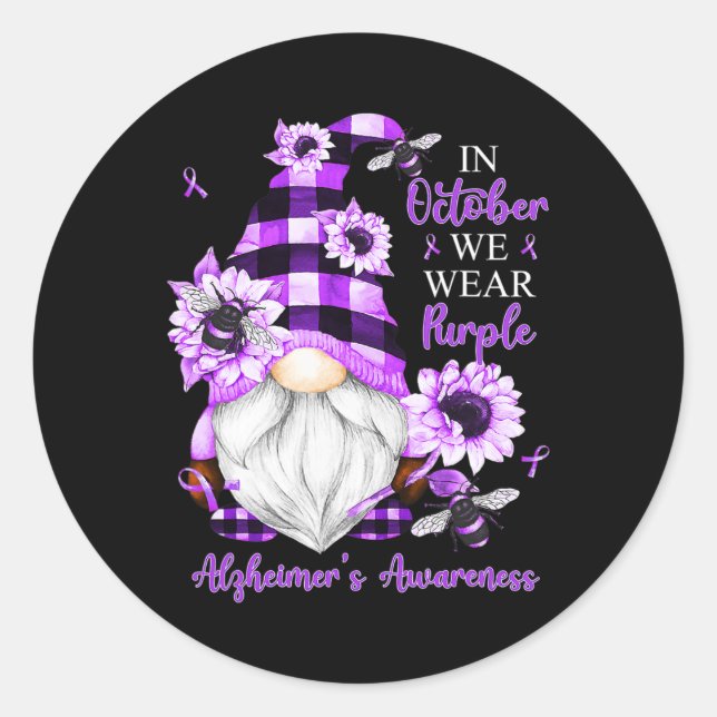 Adesivo Redondo Em outubro Vestimos Gnomos Roxos Alzheimer Awarene (Frente)