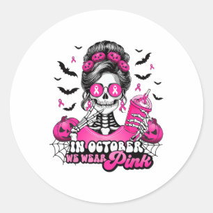Adesivo Redondo Em outubro Vestimos O Cancer Rosa Skeleton Hal