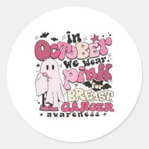 Adesivo Redondo Em outubro Vestimos Rosa Para O Hallowee Do Cancer