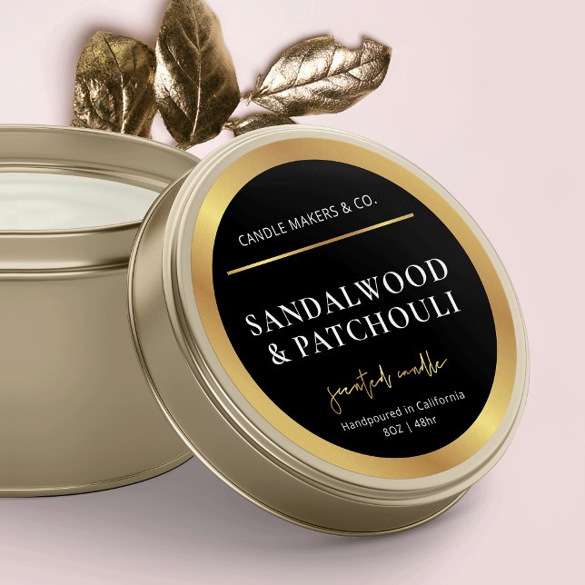 Adesivo Redondo Embalagem de Rótulo do Círculo de Vela Preto e Dou (Black & Gold round candle stickers, great to add to your candle lids or jars)