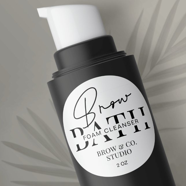 Adesivo Redondo Embalagem Mínima Moderna do Limpador de Espuma de  (Brow bath cleanser bottle packaging design in minimal black and white style)