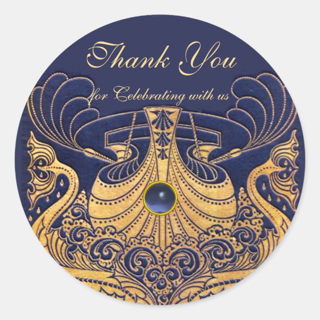 Adesivo Redondo Embarcação Antica, Golfinhos, Dourado, Azul Marinh (Frente)