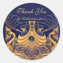 Adesivo Redondo Embarcação Antica, Golfinhos, Dourado, Azul Marinh