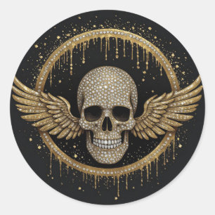 Adesivo Redondo ☠️ Emblema de Caveira com Auréola Dourada para Pre