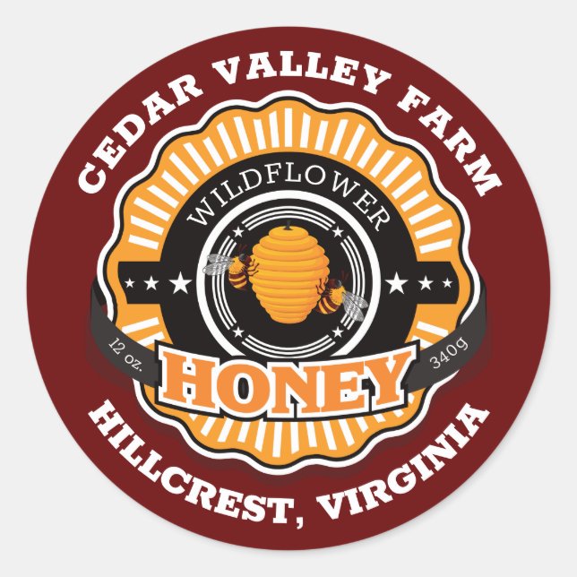 Adesivo Redondo Emblema de colmeia Mel Jar Vermelho escuro (Frente)