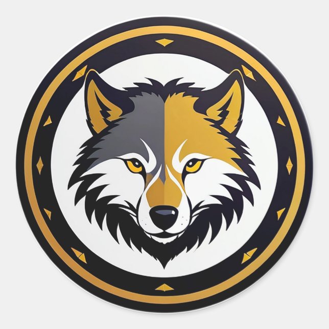 Adesivo Redondo Emblema de Lobo com Círculo Dourado (Frente)