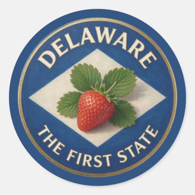 Adesivo Redondo Emblema de Morango de Delaware 🍓 (Frente)
