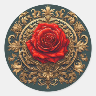 Adesivo Redondo Emblema de Rosa Barroca Dourado Vermelho Ornamenta