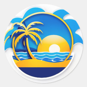 Adesivo Redondo Emblema do Nascer do Sol Sobre Ondas do Oceano