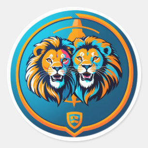 Adesivo Redondo Emblema Vibrante de Duo de Leão Dentro do Círculo