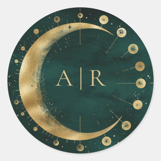 Adesivo Redondo Emerald Dourado Crescent Moon Wedding Envelope Sea (Frente)