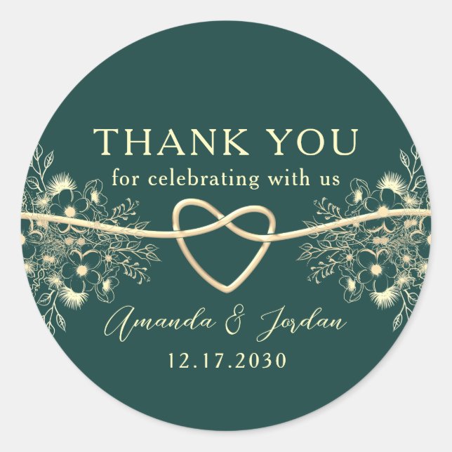 Adesivo Redondo Emerald Dourado Wedding Obrigado (Frente)