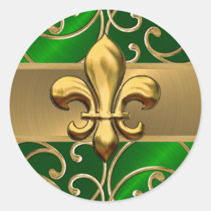 Adesivo Redondo Emerald e Dourada Filigree Swirls Fleur de Lis