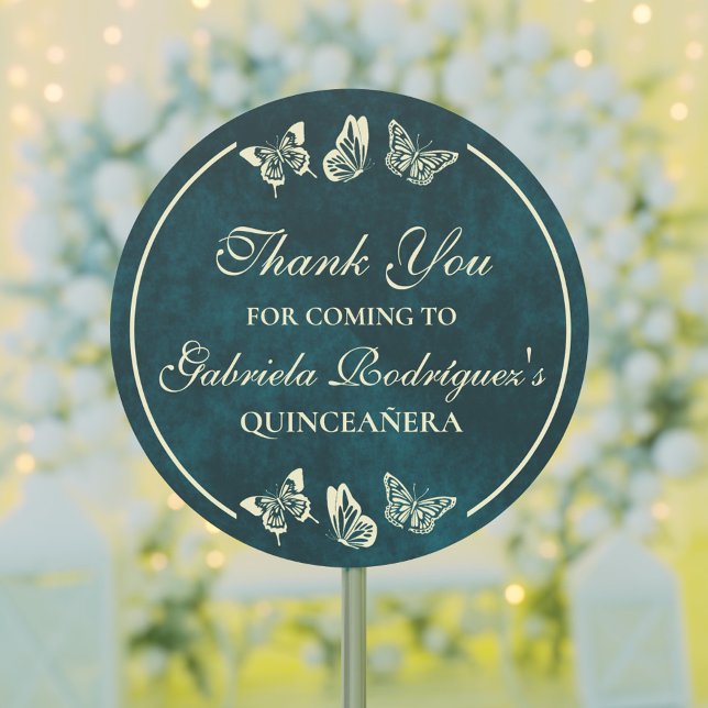 Adesivo Redondo Emerald Green Dourada Butterflies 15 Quinceañera (Emerald Green Gold Butterflies 15th Quinceañera Classic Round Sticker)