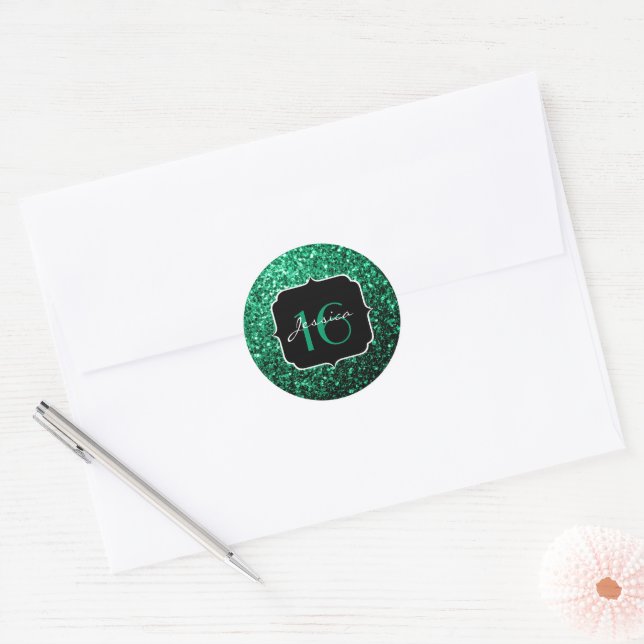 Adesivo Redondo Emerald Green faux glitter sparkles Sweet 16 (Envelope)