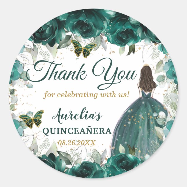 Adesivo Redondo Emerald Green Floral Butterflies Princess Favor (Frente)