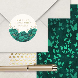 Adesivo Redondo Emerald Green Floral Elegante Quinceanera