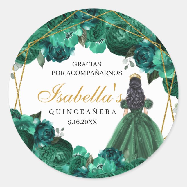 Adesivo Redondo Emerald Green Floral Quinceanera Round Stickers (Frente)