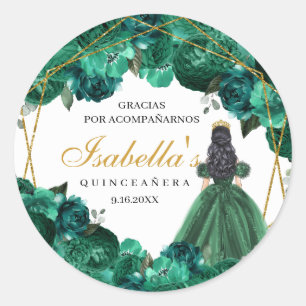 Adesivo Redondo Emerald Green Floral Quinceanera Round Stickers