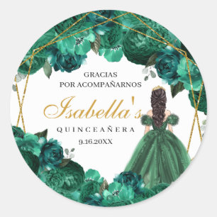 Adesivo Redondo Emerald Green Floral Quinceanera Round Stickers