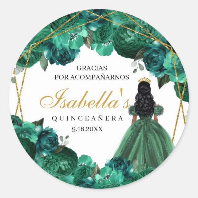 Adesivo Redondo Emerald Green Floral Quinceanera Round Stickers (Frente)