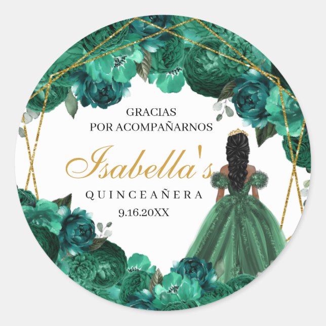Adesivo Redondo Emerald Green Floral Quinceanera Round Stickers (Frente)